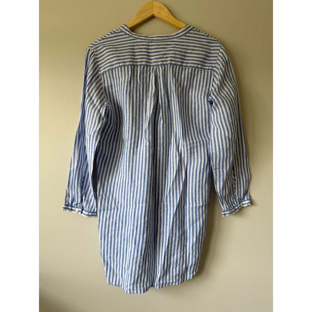 L.L. Bean Linen Tunic Blouse M Blue White Striped Split V-Neck 504808 - Picture 9 of 11